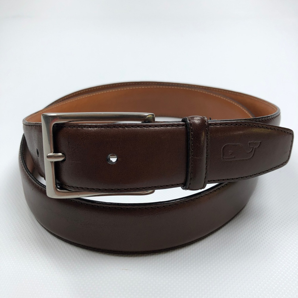 Vineyard Vines Mens Brown Leather Whale Logo Belt Size 40 Made in USA